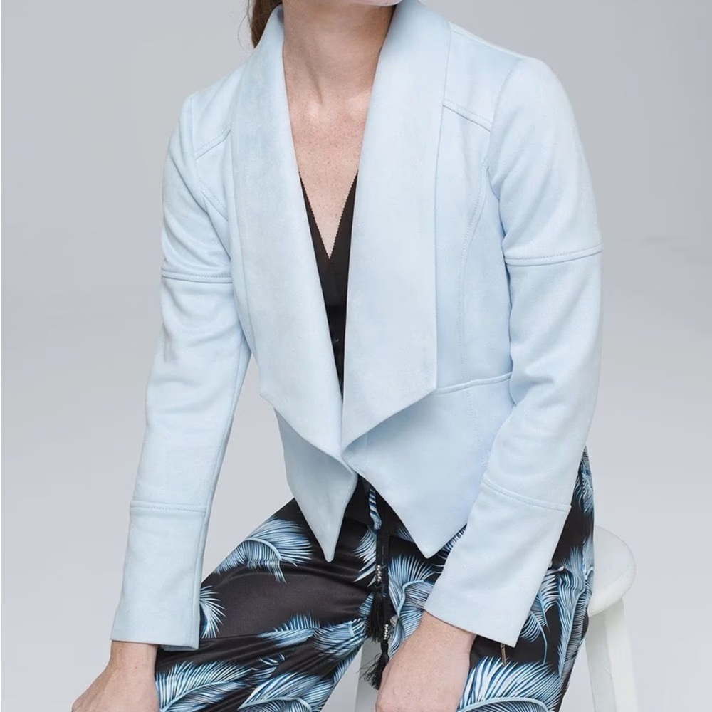 White House Black Market Faux-Suede Drape Front Jacket, Baby Blue, Smal
